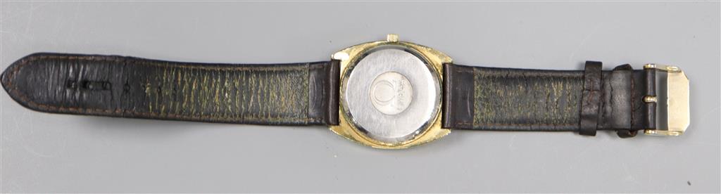A gentlemans steel and gold plated Omega quartz day date wrist watch, on associated leather strap.